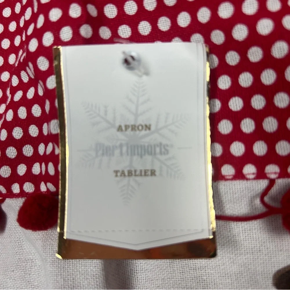 Pier 1 Imports Christmas Dogs Apron Red Polka Dot Holiday Kitchen Cotton Pom Pom